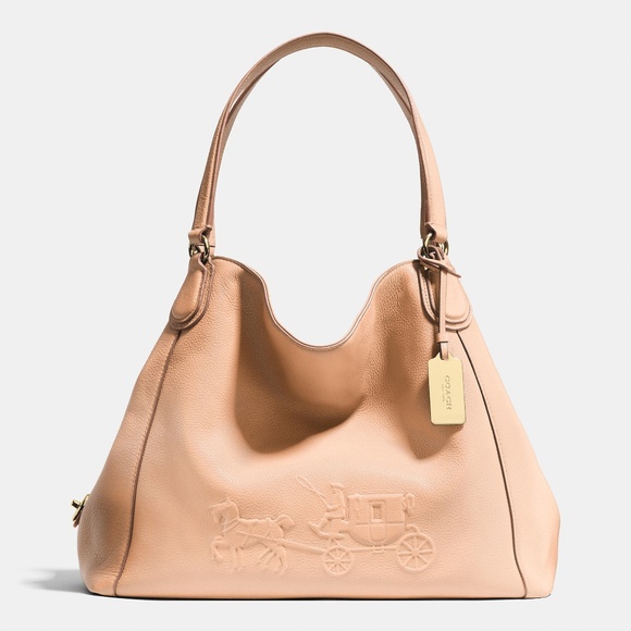 Coach Handbags - Coach Peach Embossed Horse and Carriage Edie Pebbled Leather Shoulder Bag